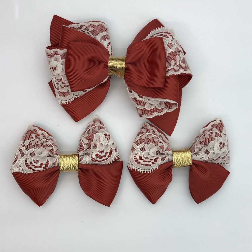 Rust Lace & Gold Kids Hair Bows - Set of 3